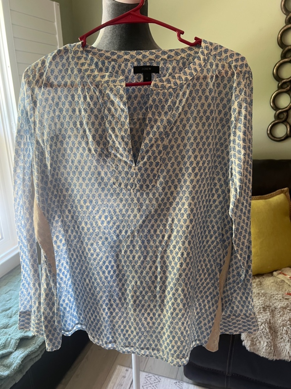 J. Crew Blue & White Printed V-Neck Long Sleeve Top